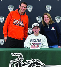 Luke Petryna, who will join the men’s track team at Bucknell University, is shown here with coaches Raz Blau and Nancy Petryna (who is also his proud mom). 